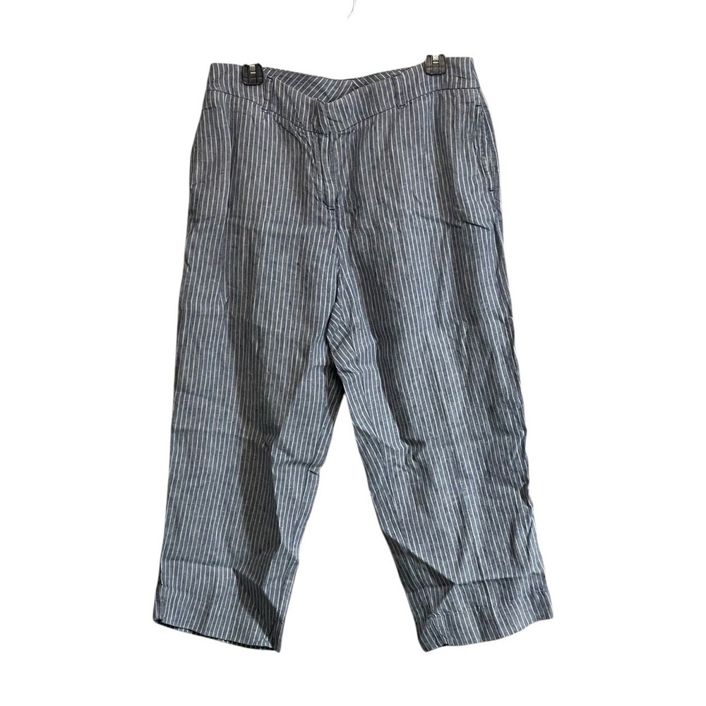 Chicos 1.5 100% Linen Pants Blue White Striped Cropped Beach Cruise Resort
